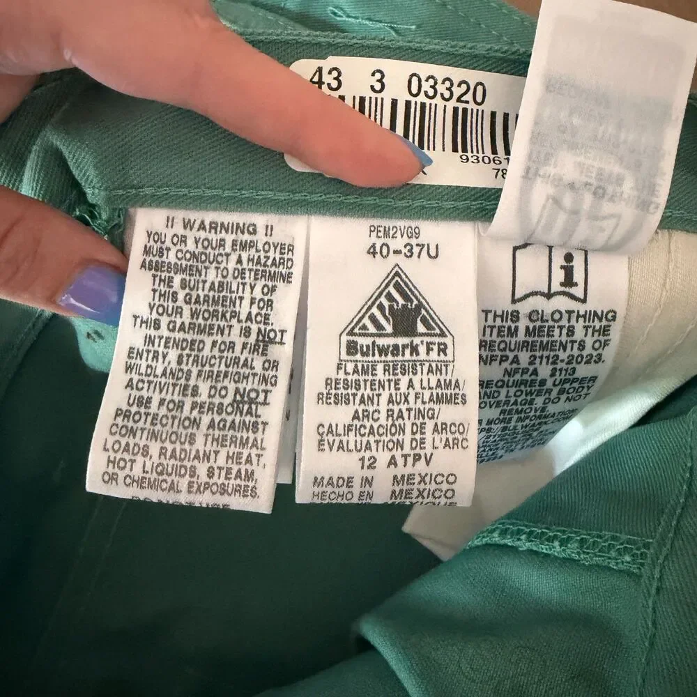 Bulwark RG03230 FR CAT 2 Pants 40x30 Green ATPV 12 NFPA 2112 NWOT Welder Molton